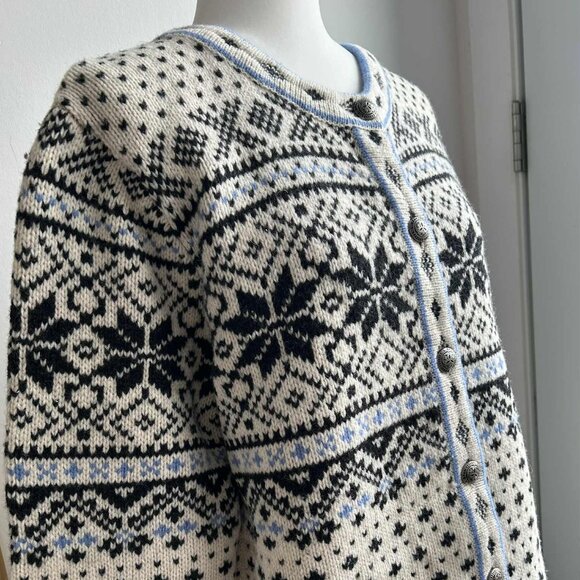 L.L.Bean Vintage Ivory & Black Pure Lambswool Nordic Heritage Cardigan – US XL - Picture 2 of 13